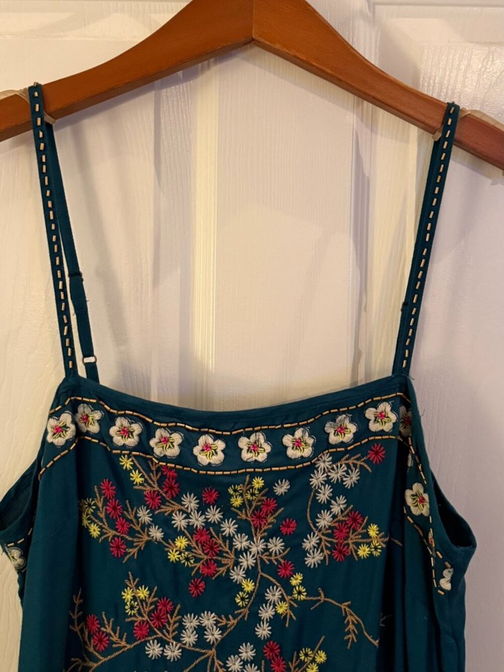 Anthropologie Medium Beaded Embroidered Flowy Teal Tank Top - Picture 5 of 12